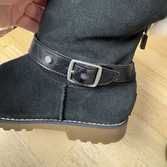 UGG Nessa Black Suede Boots Fur Trim Buckle Warm Kids School Comfy Zip size 2 - Picture 8 of 12